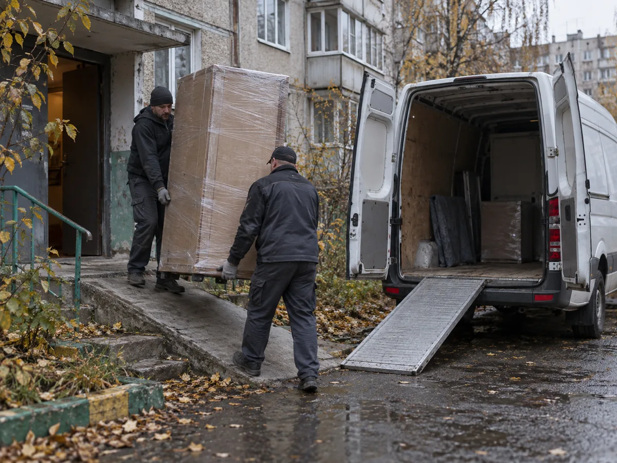 Вантажники завантажують меблі у вантажівку біля під’їзду в Житомирі